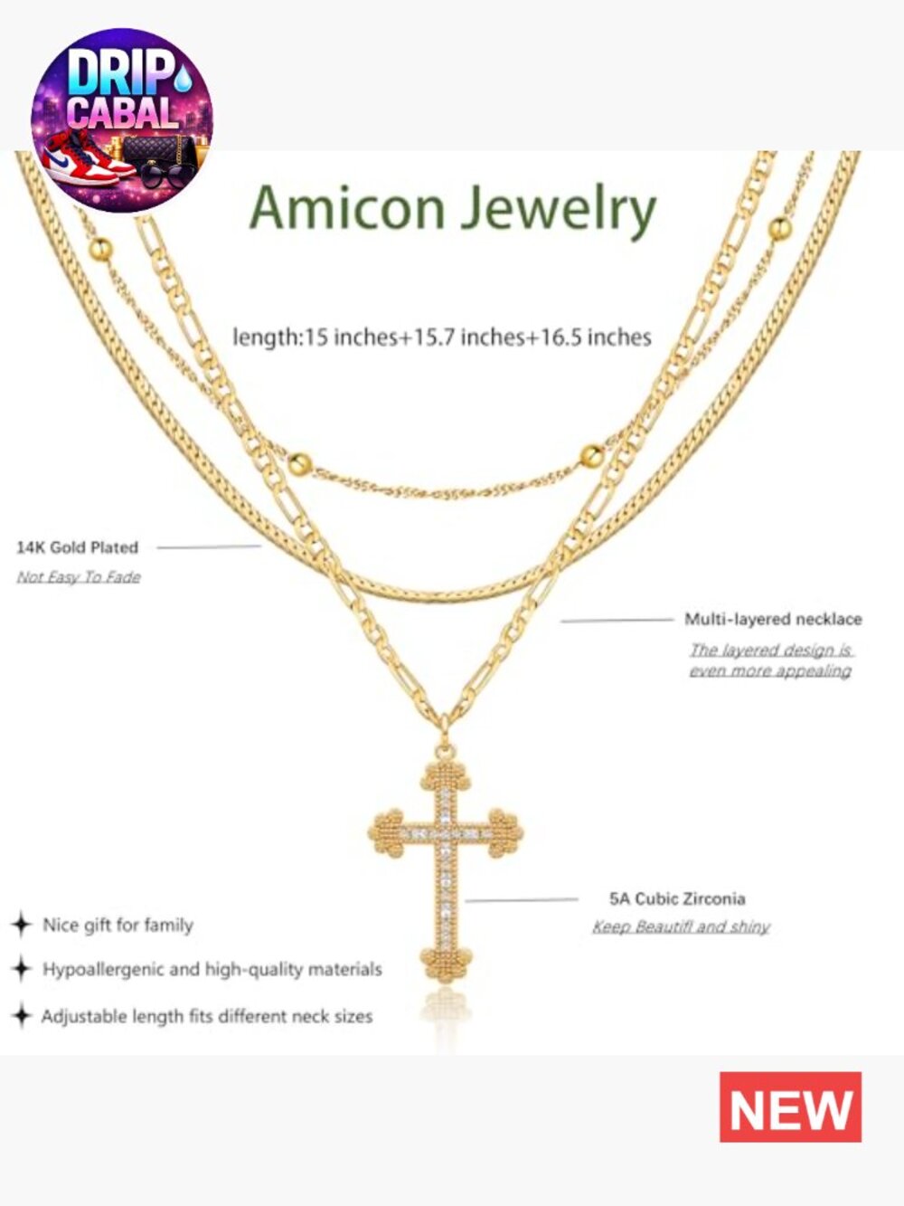14k Gold Plated Dainty Heart Cross Pendant Choker Necklace Layered Faith - Picture 5 of 7